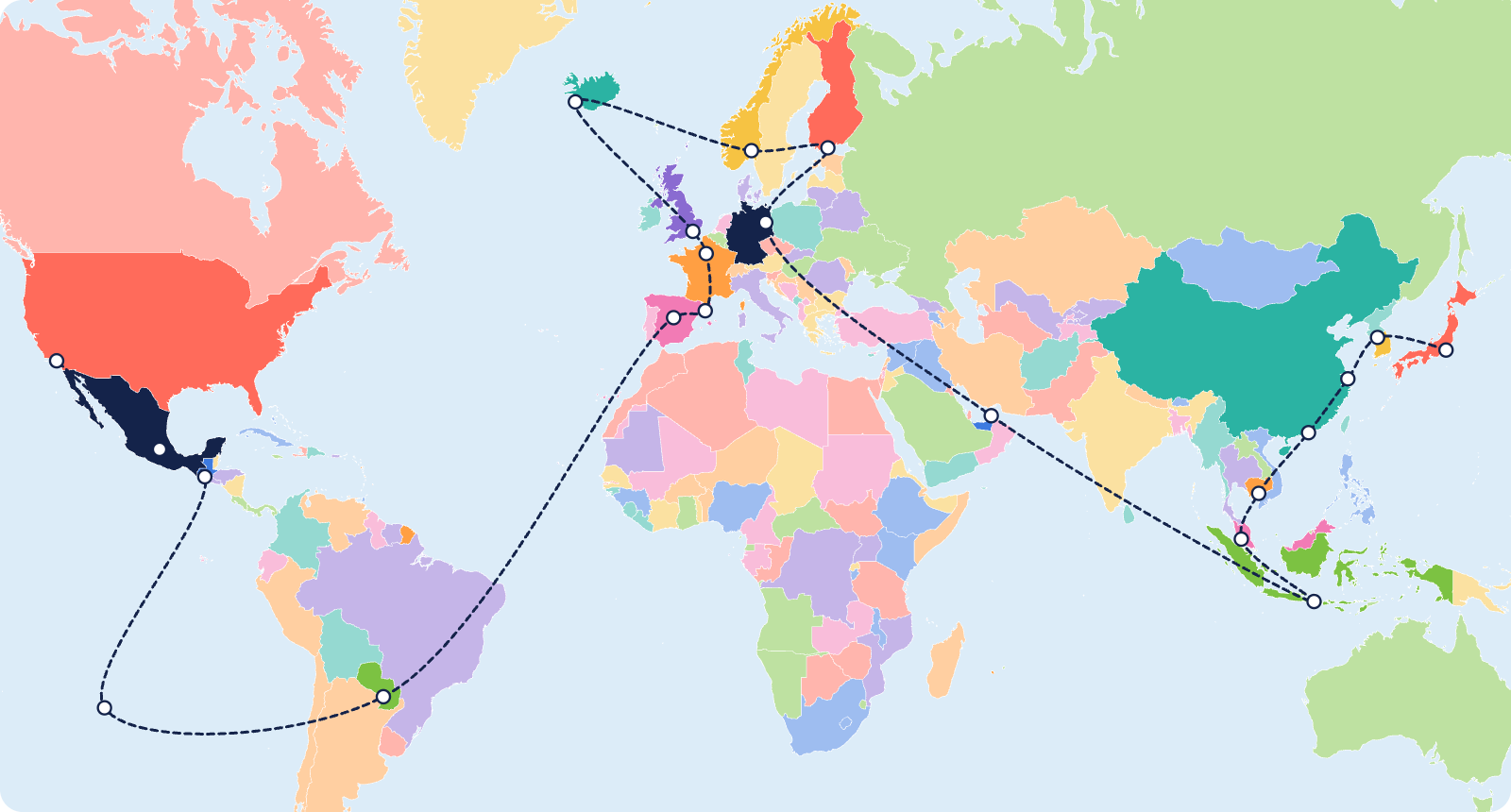 行った20の国と地域の世界地図